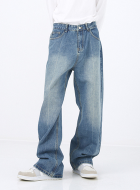 Voguo Relay 原创新品韩版宽松直筒纯色蓝色百搭牛仔裤 男女同款