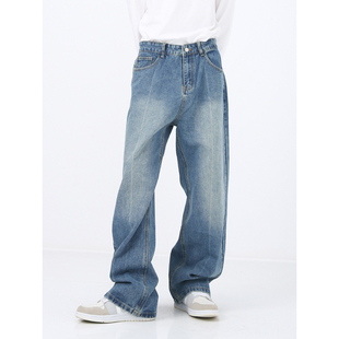 Voguo Relay 原创新品韩版宽松直筒纯色蓝色百搭牛仔裤 男女同款