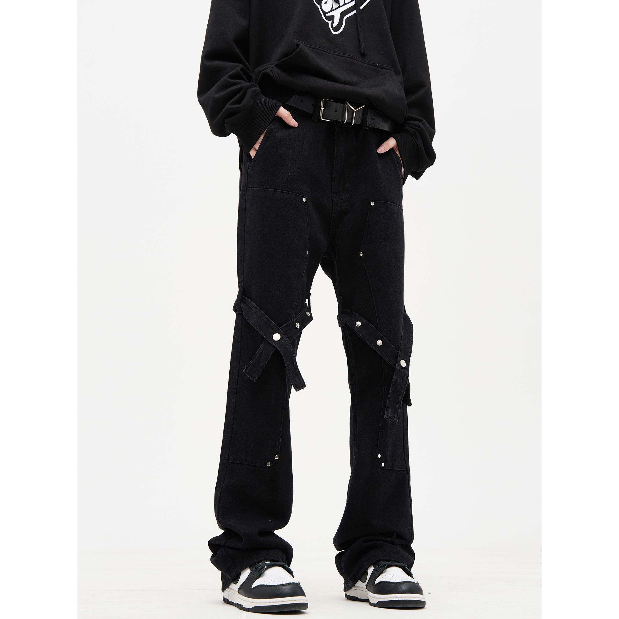MADWITCH原创设计高街绑带微喇直筒裤牛仔裤男黑色休闲工装裤裤子
