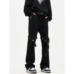 MADWITCH原创设计高街绑带微喇直筒裤牛仔裤男黑色休闲工装裤裤子