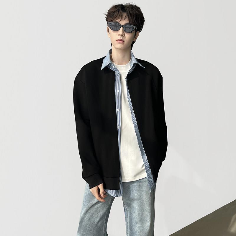 A6 studio春秋季学院风拼接假两件开衫polo领卫衣外套男宽松休闲