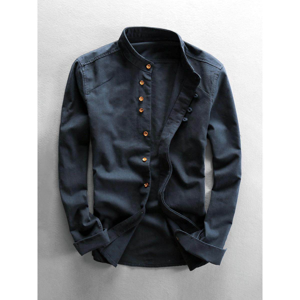 新中式国风休闲立领亚麻衬衫男士长袖纯色外穿棉麻衬衣外套男装潮