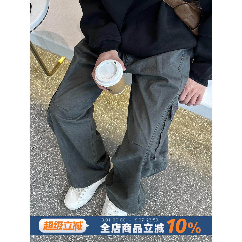灰色水洗工装裤春秋款男生宽松直筒垂感长裤日系秋季慵懒风裤子男