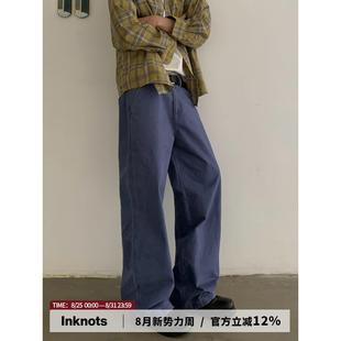 INKNOTS美式复古Vintage优雅蓝法工裤重水洗做旧直筒宽松工装裤男