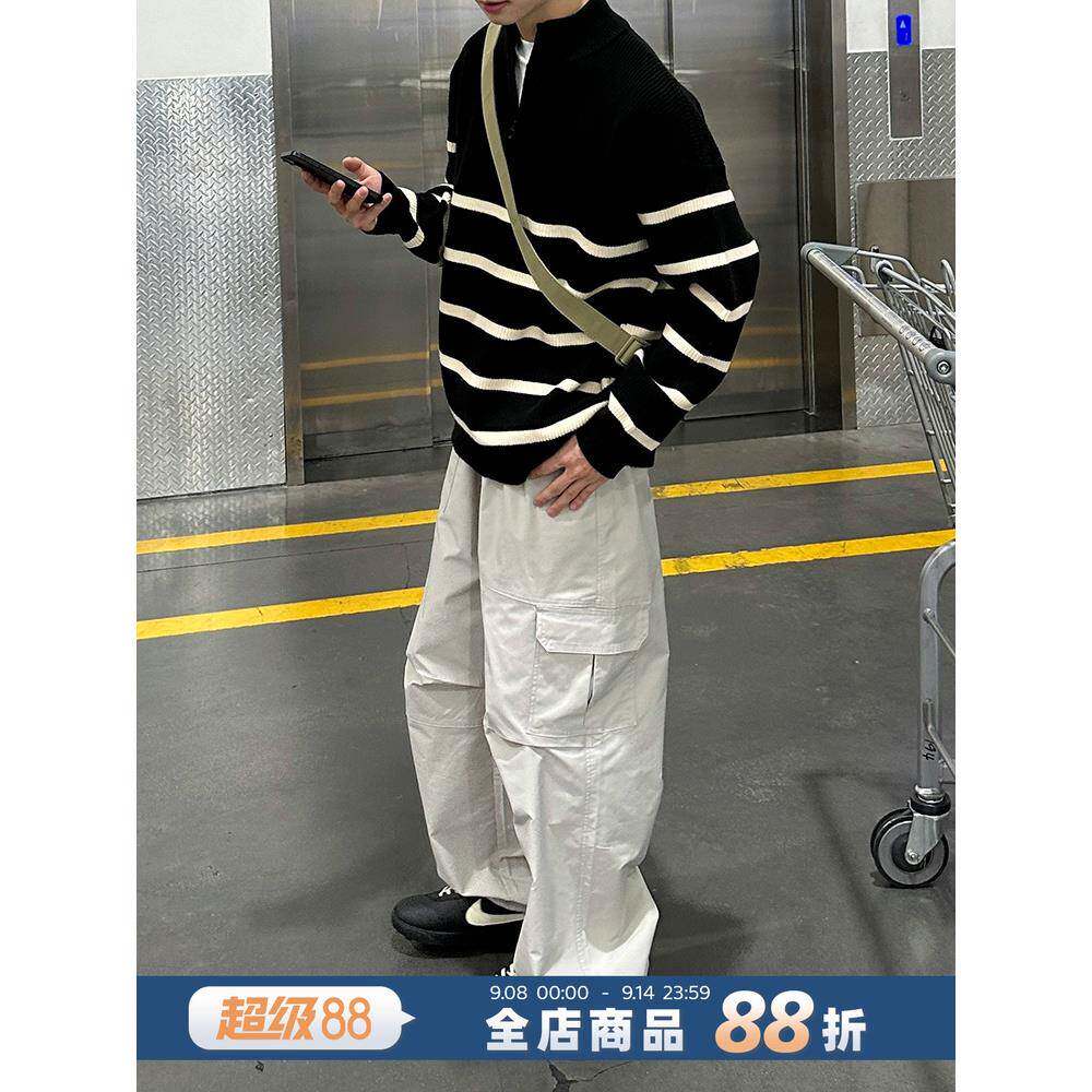 浅灰色休闲伞兵裤多口袋工装裤2026春秋款男生宽松长裤子日系秋季