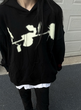 RTIM 暗黑系流苏玫瑰印花连帽卫衣 美式小众OS宽松高街不规则帽衫