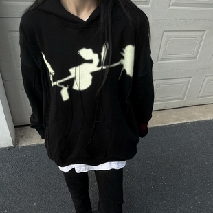 RTIM 暗黑系流苏玫瑰印花连帽卫衣 美式小众OS宽松高街不规则帽衫