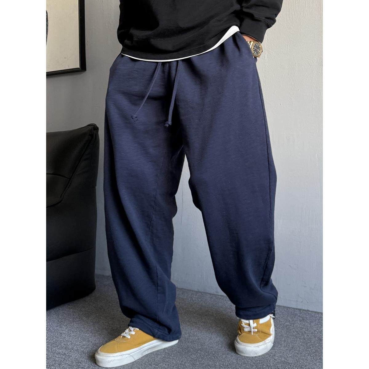 春秋季美式休闲痞帅重磅运动卫裤男直筒宽松抽绳百搭阔腿裤子纯棉