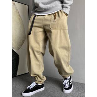 男宽松纯棉束脚裤 春季 裤 休闲痞帅重磅水洗卡其色大口袋工装 子 美式