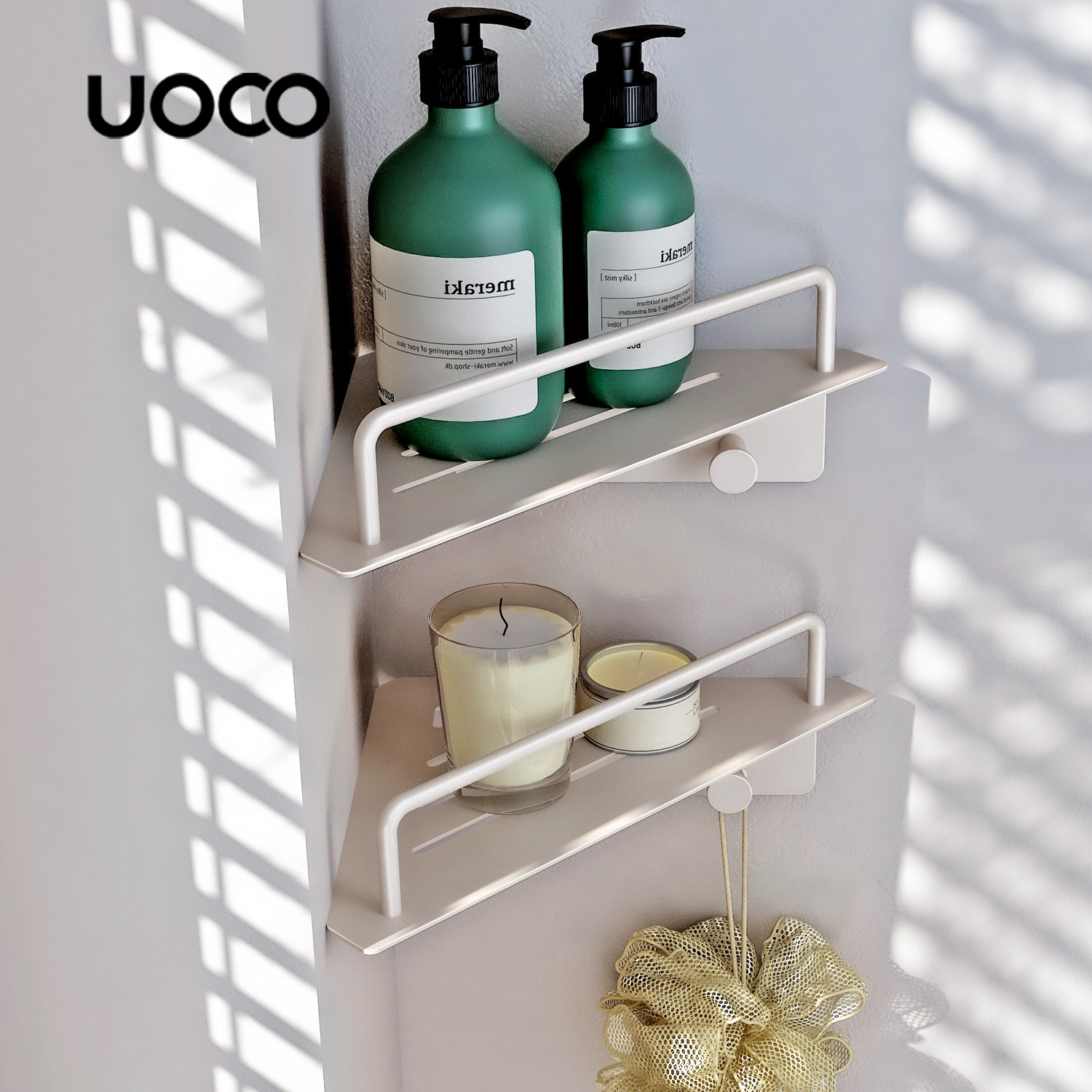 UOCO由可奶白色卫生间置物架单层收纳架太空铝双层转角位架免打孔