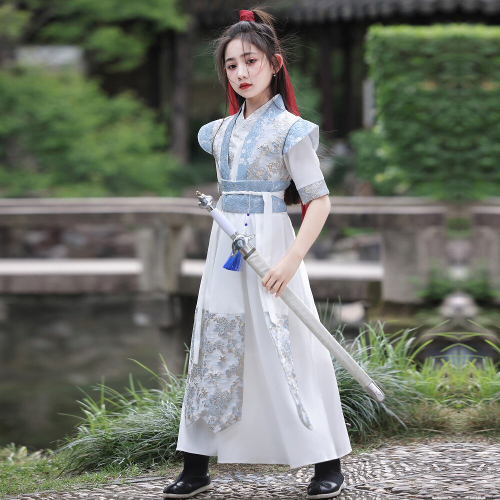 儿童汉服女童花木兰服装夏短袖超仙中国风女侠剑客COS将军演出服 - 实物图