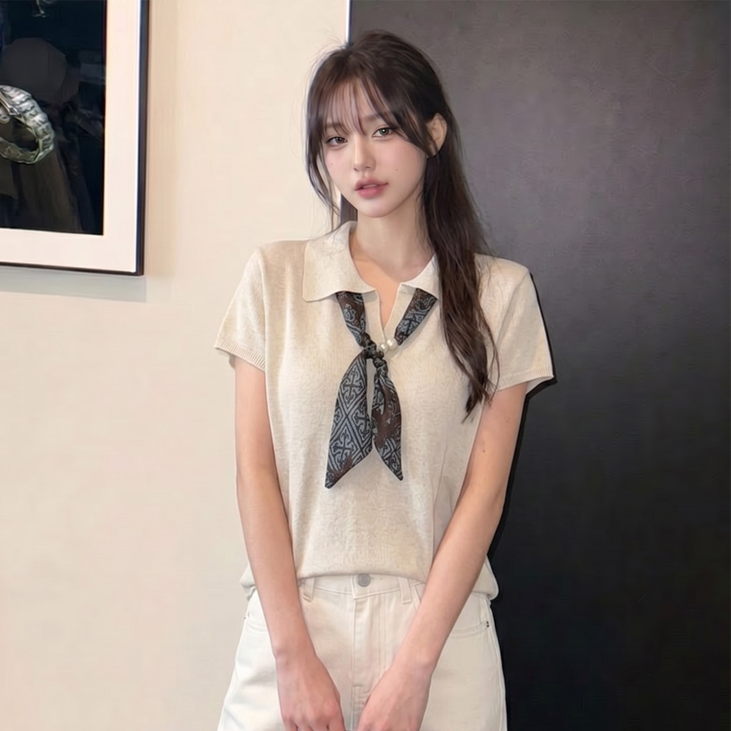 老钱风polo领丝巾针织衫短袖女夏设计感薄款宽松小众复古百搭上衣