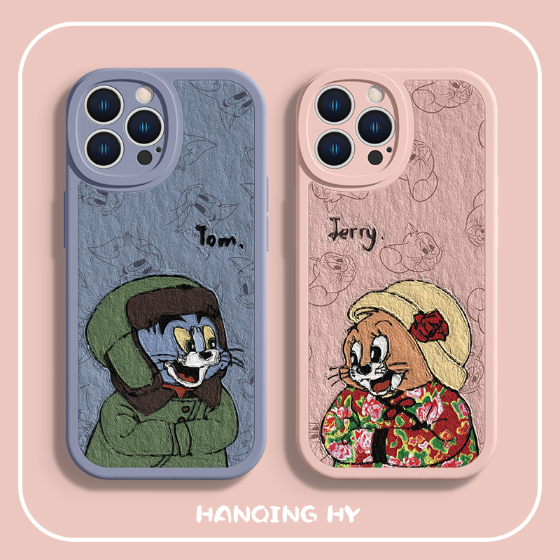 穿大衣猫和老鼠情侣小羊皮手机壳