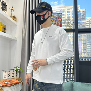 卫衣男 纯色休闲百搭开衩圆领套头高级刺绣上衣打底衫 男士 春秋新款