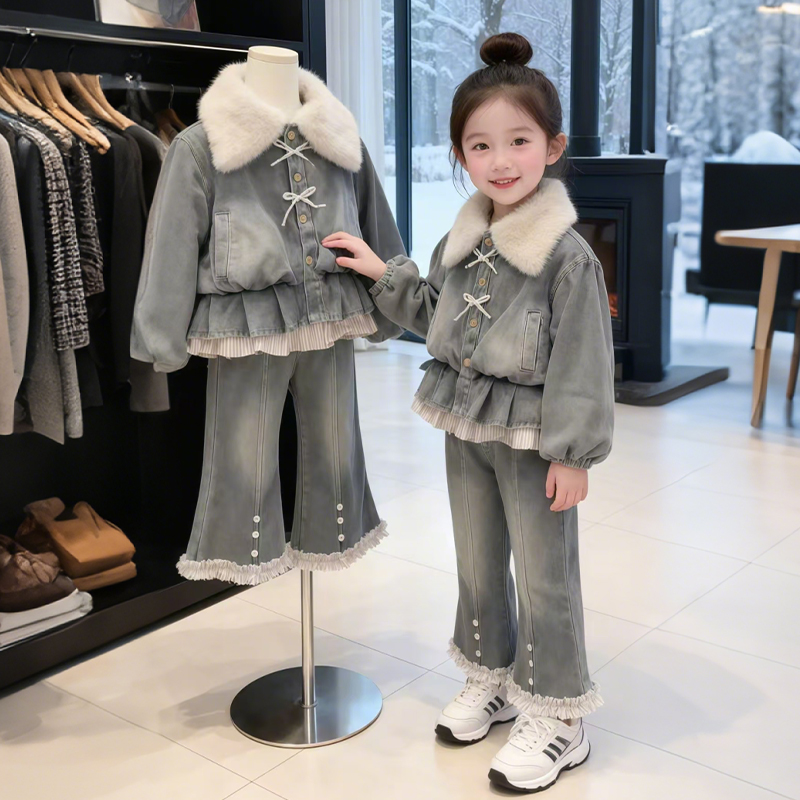 女童牛仔套装秋冬新款甜美蝴蝶结毛绒领套装女宝宝加厚保暖两件套