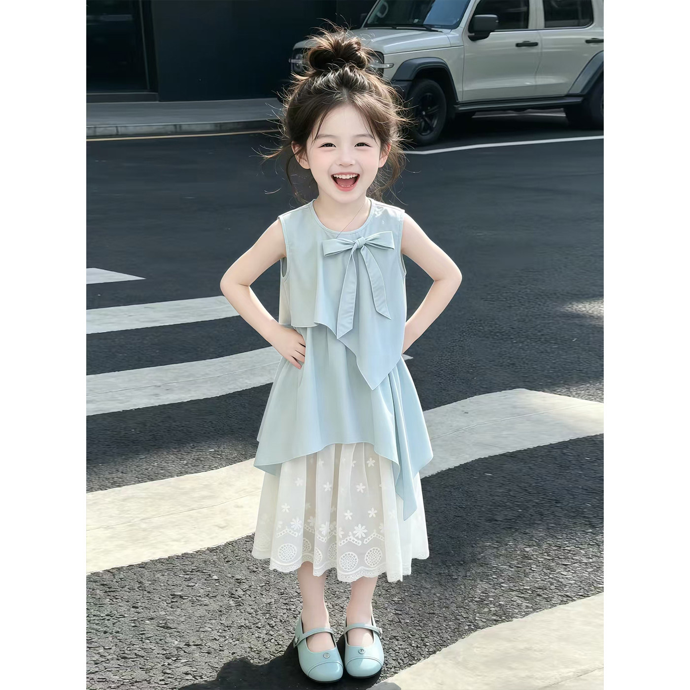 女童夏季韩系不规则连衣裙2026新款中大童夏装裙子女孩无袖背心裙