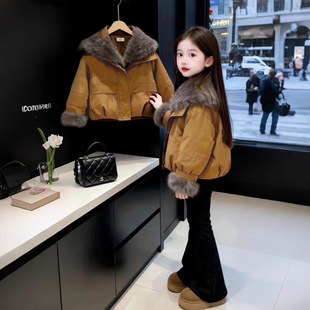 女童2025新款毛毛外套加绒加厚冬季洋气时尚韩版夹克派克服上衣潮