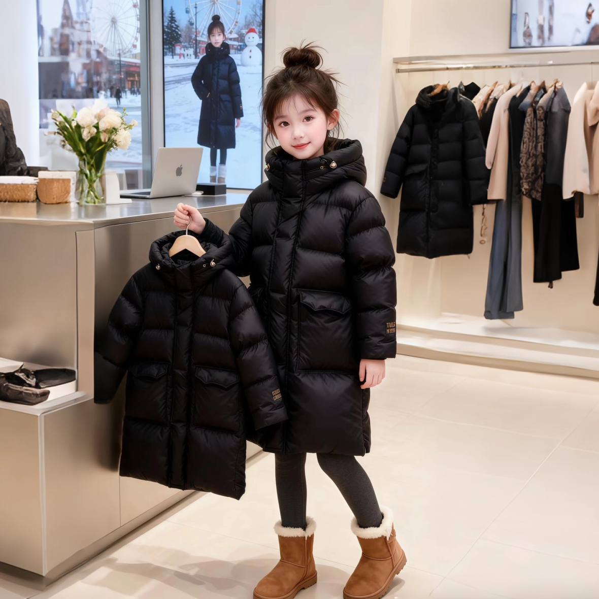 女童冬季羽绒服中长款轻薄2025秋冬新款儿童棉服洋气黑色保暖外套