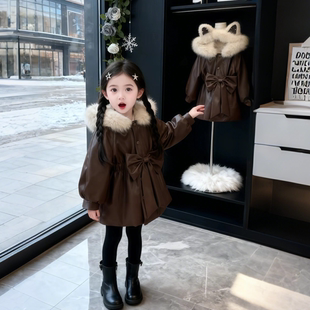女童加绒皮大衣派克服外套2025新款秋冬中长款加厚蝴蝶结皮衣外套