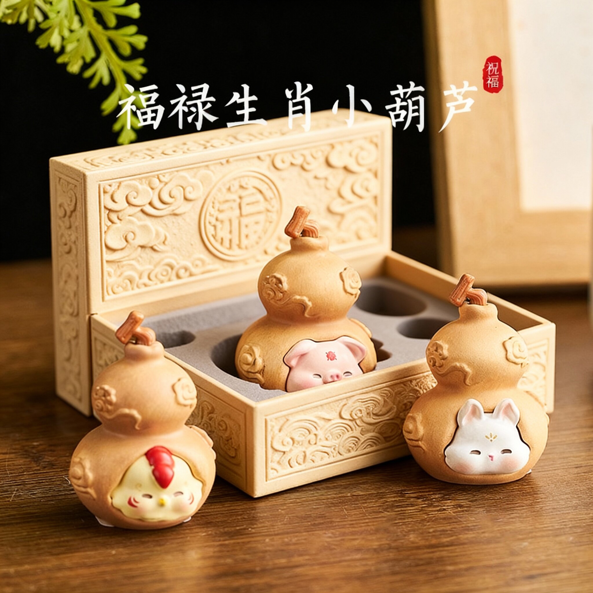 创意福禄葫芦陶瓷摆件可爱卡通生肖动物桌面装饰礼物