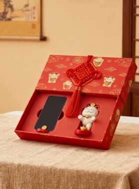 招财猫新年红色绒绳流苏礼盒摆件