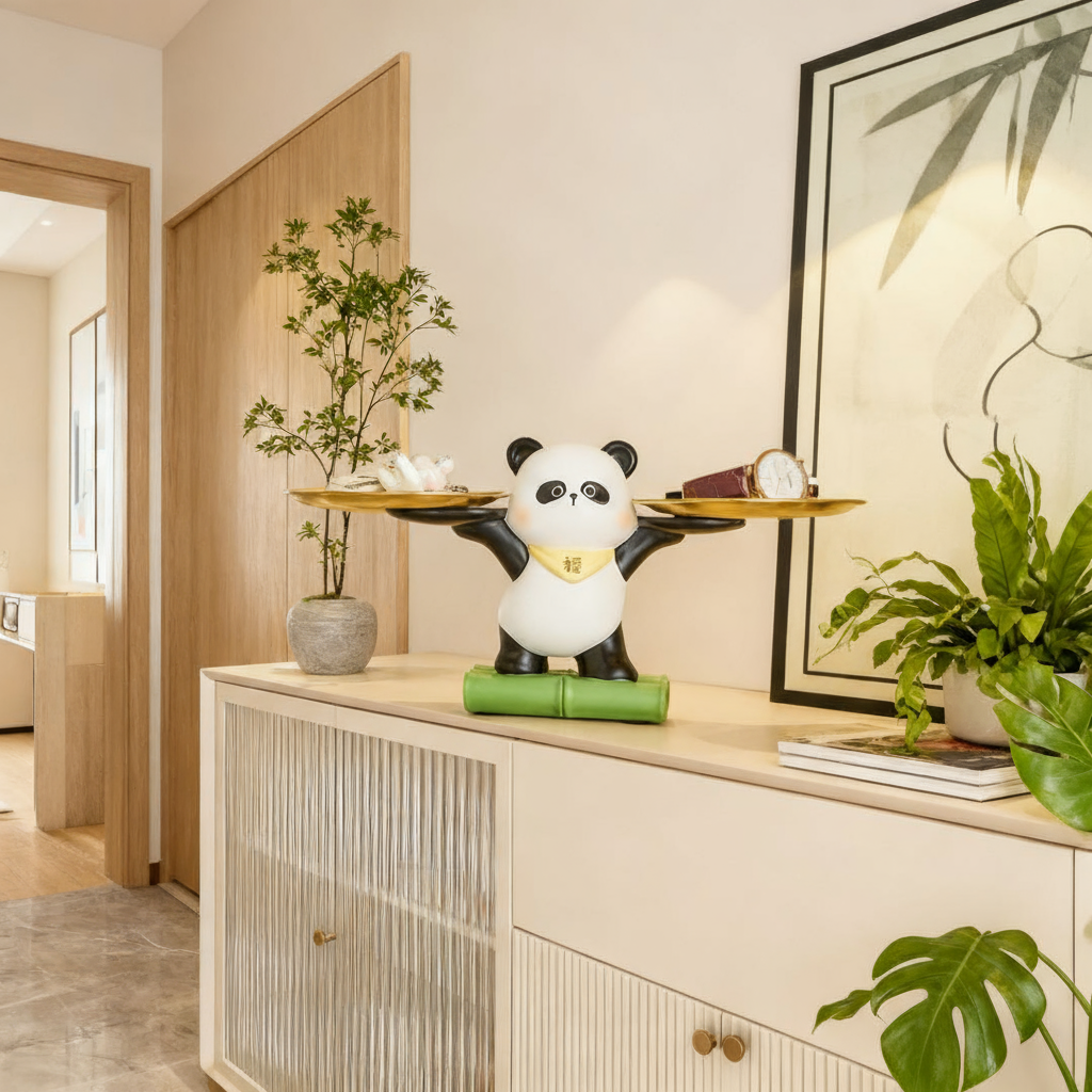 可爱熊猫桌面摆件收纳托盘