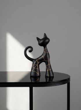 现代简约黑猫金线装饰摆件