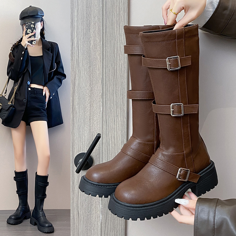 复古长筒靴女2025新款厚底西部牛仔骑士靴女不过膝粗跟马丁靴女