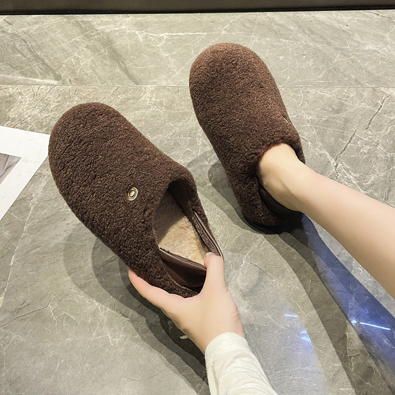 2025冬秋季绒面时尚棕色现货复古低帮人造毛日常圆头纯色棉鞋