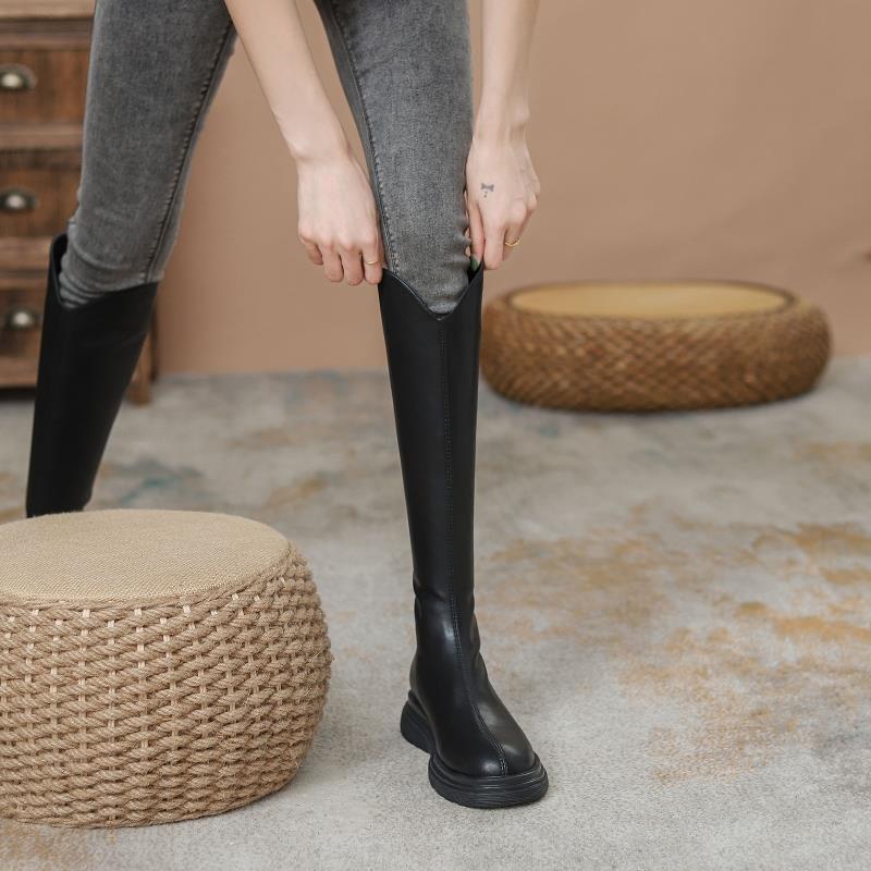 真软皮显瘦长筒靴女单靴2023新款厚底高筒马丁靴平底不过膝长靴女