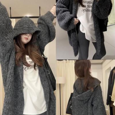 秋冬慵懒风毛衣外套女新款小个子宽松针织开衫中长款灰色加厚外穿