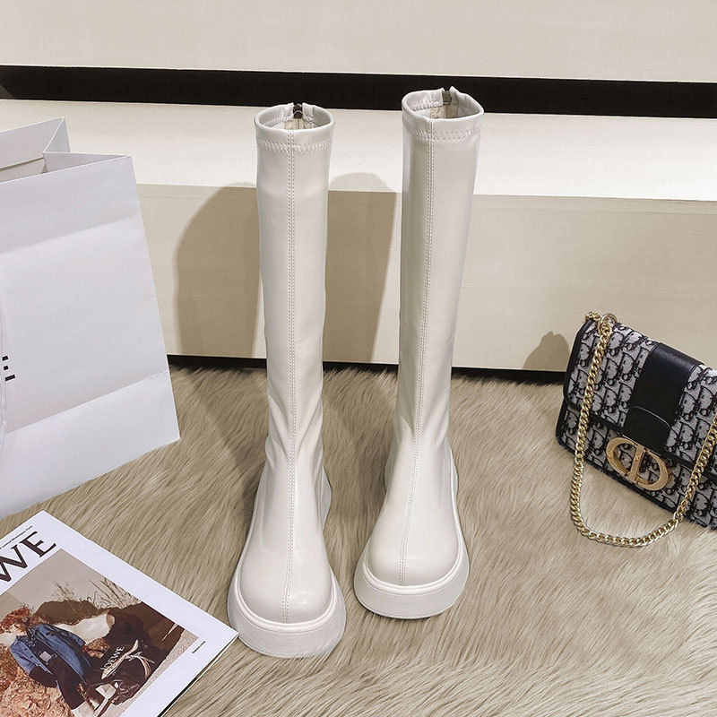 长靴女不过膝小个子薄款2023年秋季新款白色厚底英伦风高筒骑士靴