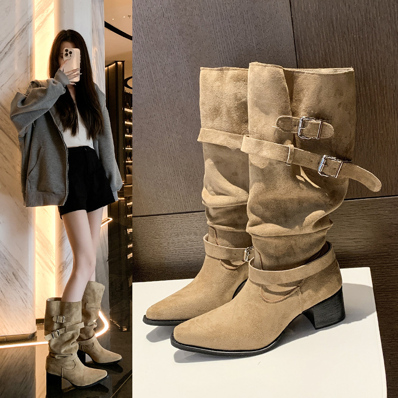 2025秋冬新款不过膝尖头骑士靴舒适粗跟高筒靴潮流百搭套筒长靴子