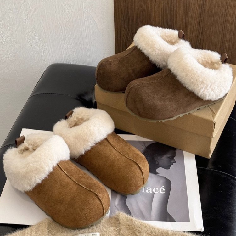毛绒雪地靴女2025新款加绒保暖包头半拖懒人棉拖毛毛鞋厚底勃肯鞋