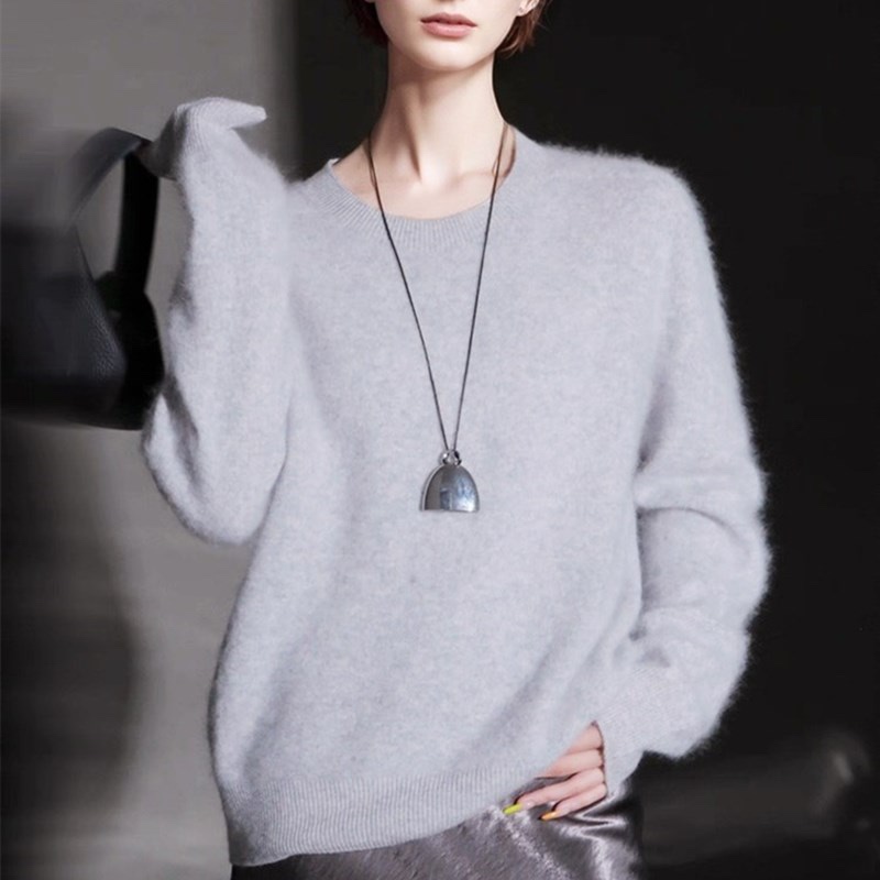 2025春秋冬女圆领套头毛衣100%羊毛衫宽松慵懒风针织衫拉绒上衣
