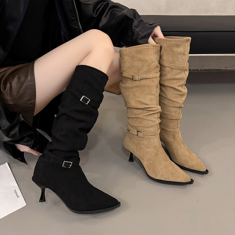 百搭褶皱尖头细跟堆堆靴2025女皮带扣西部牛仔靴骑士靴长筒靴长靴