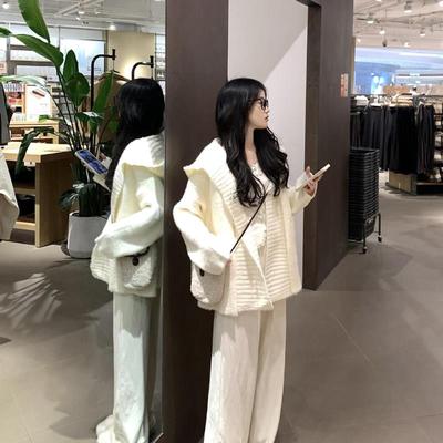法式温柔白色连帽翻领毛衣外套女秋冬慵懒风小个子中长款针织开衫