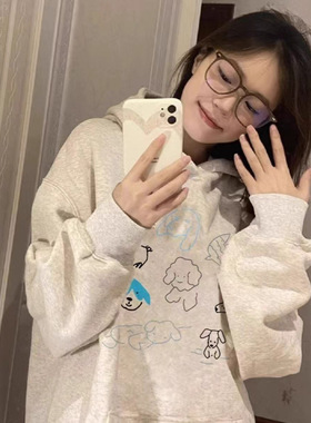 美式复古白灰色连帽卫衣女宽松秋冬季港味chic学生上衣外套ins潮