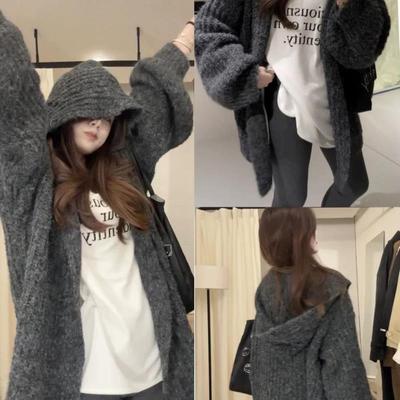 秋冬慵懒风毛衣外套女新款小个子宽松针织开衫中长款灰色加厚外穿