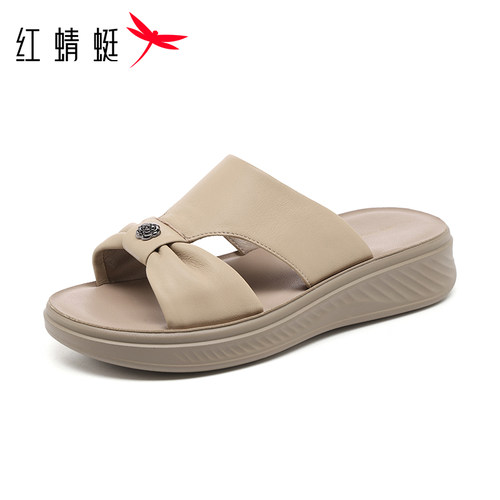 红蜻蜓羊皮平底软底一字拖