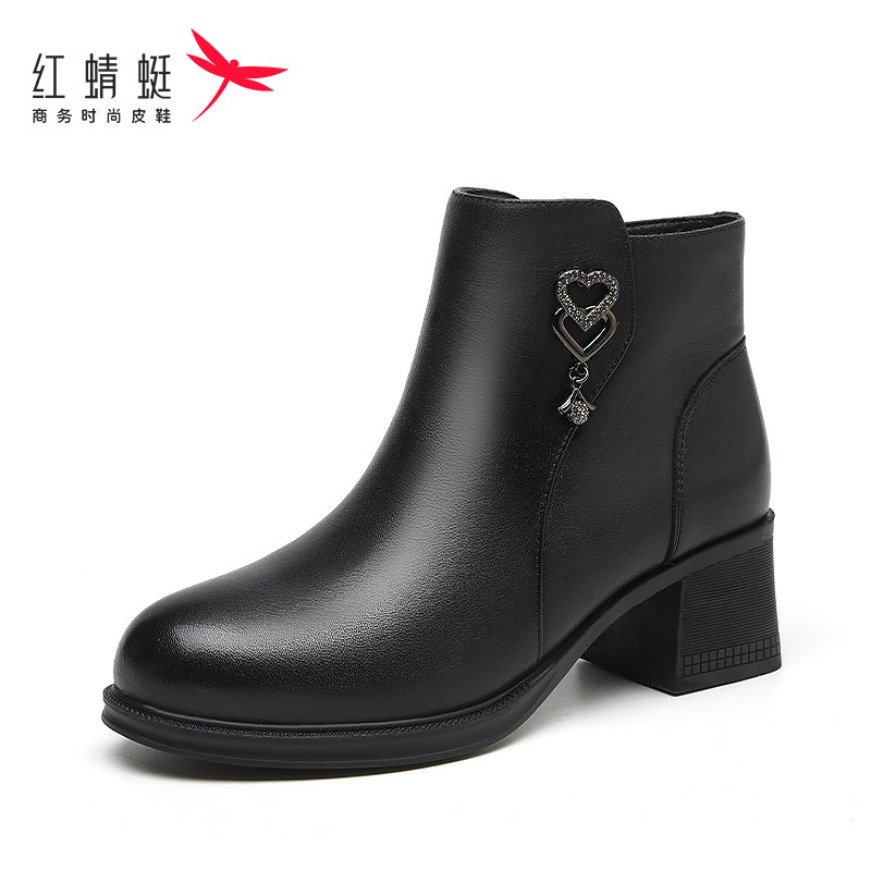 红蜻蜓女靴冬季靴子女高跟粗跟短靴中筒棉靴真皮加绒保暖妈妈冬天