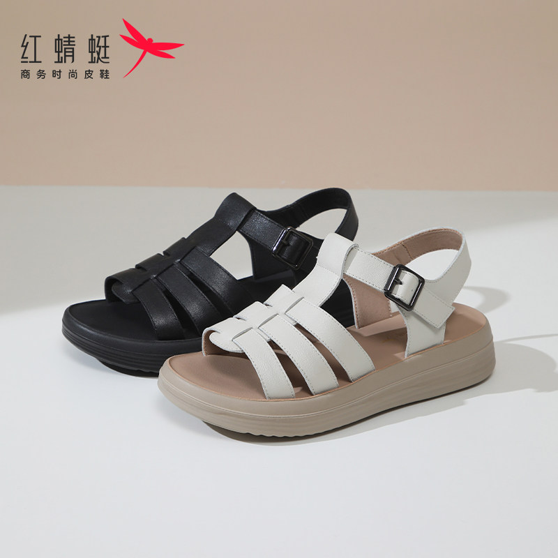 红蜻蜓正品罗马凉鞋女2026夏季新款真皮软底防滑中年妈妈平底鞋子