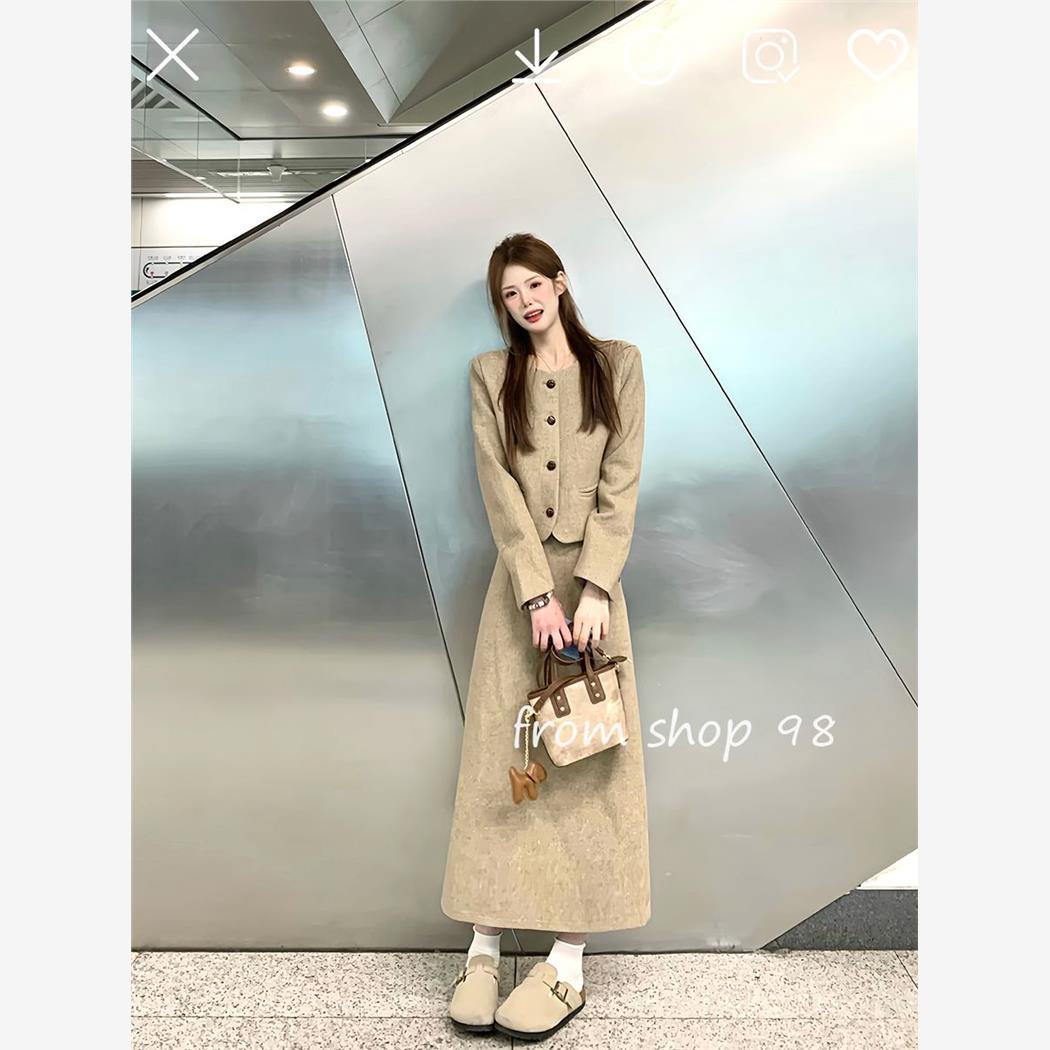 小香风套装春冬季穿搭一整套复古高级感韩系外套半身裙子两件套装