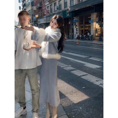 良辰美景  拼接毛毛蓝色短外套上衣鱼尾半身裙长裙两件套装秋冬女