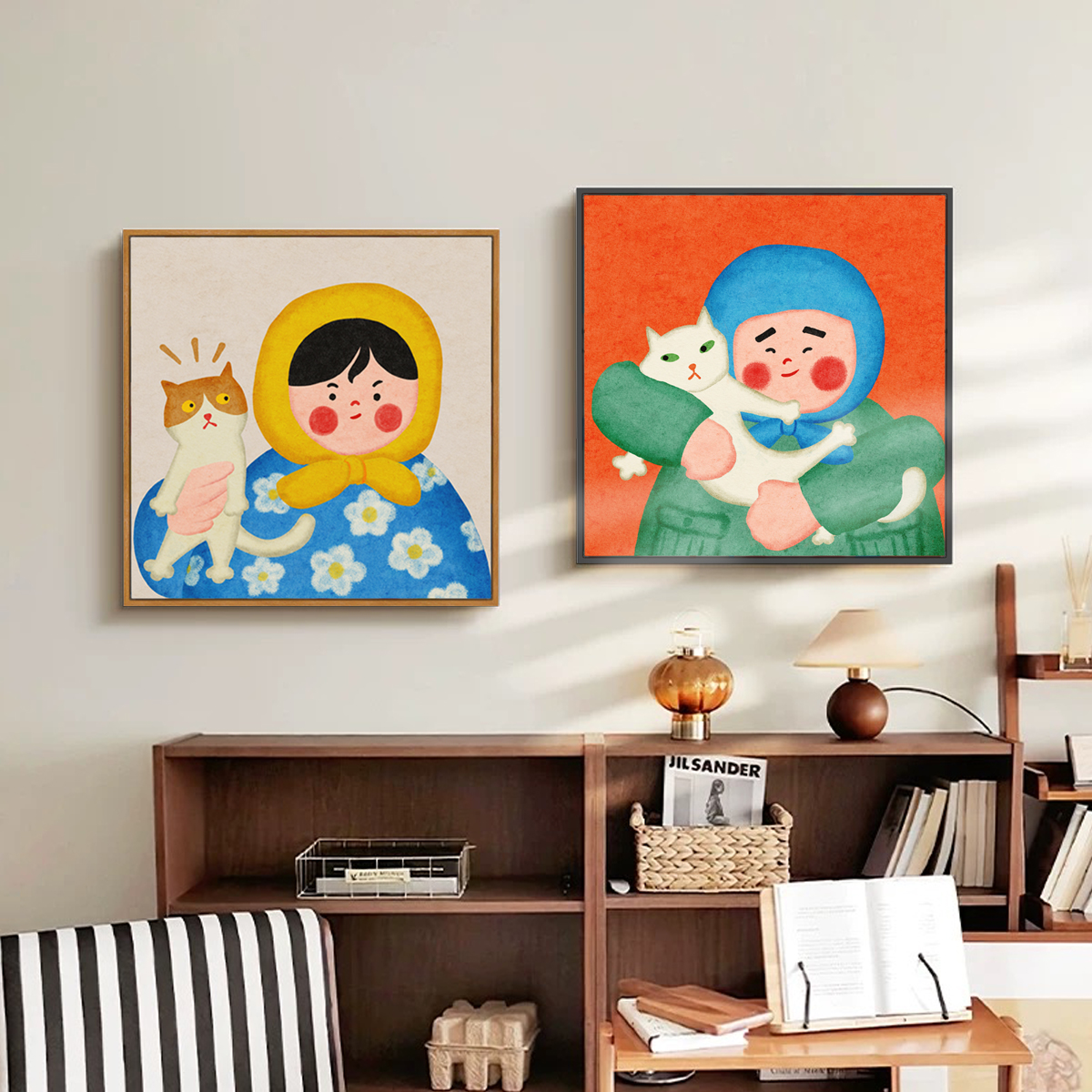 客厅沙发背景墙简约装饰画猫卧室床头横版挂画多巴胺可爱卡通壁画