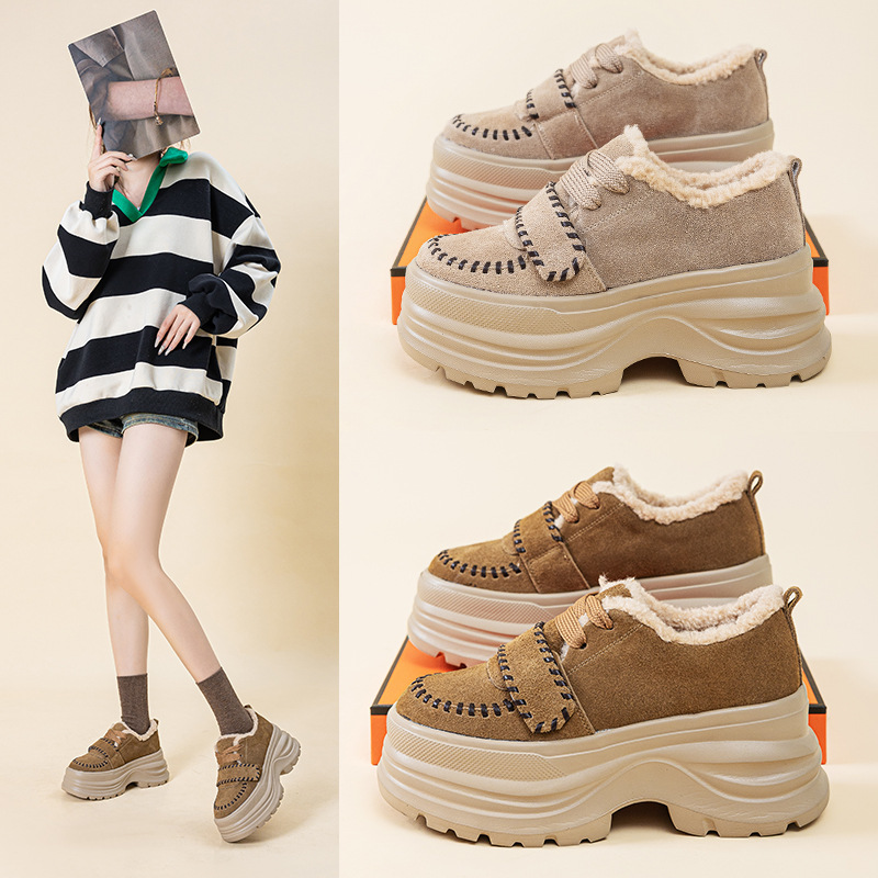 雪地靴女2025冬季新款东北大小个子厚底加绒真皮魔术贴松糕休闲鞋