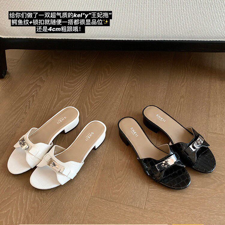 现货代苏家同款妃拖~超贵气4cm粗跟鳄鱼纹锁扣拖鞋女夏凉拖外穿