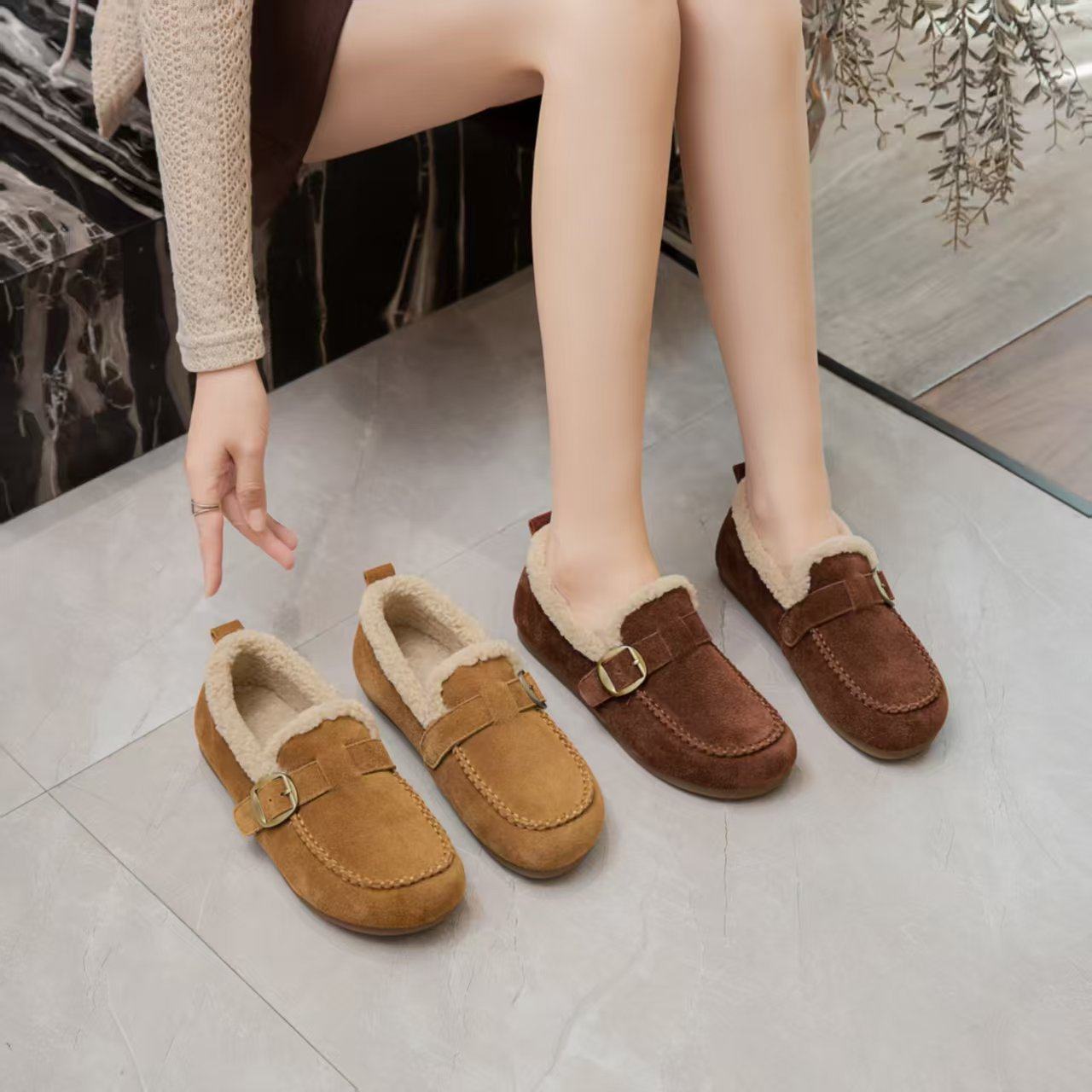 真皮勃肯鞋女2025秋冬款加绒全包毛毛鞋平底一脚蹬保暖豆豆鞋,女鞋,时尚休闲鞋,淘宝优惠券,粉丝福利购,淘宝优惠卷