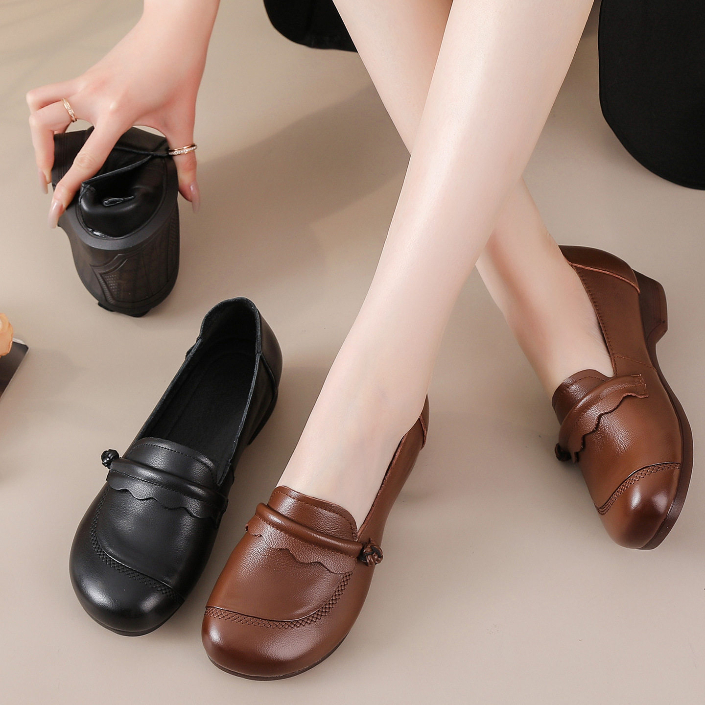 头层牛皮春秋款深口复古女单鞋圆头牛筋软底一脚蹬低跟休闲妈妈鞋