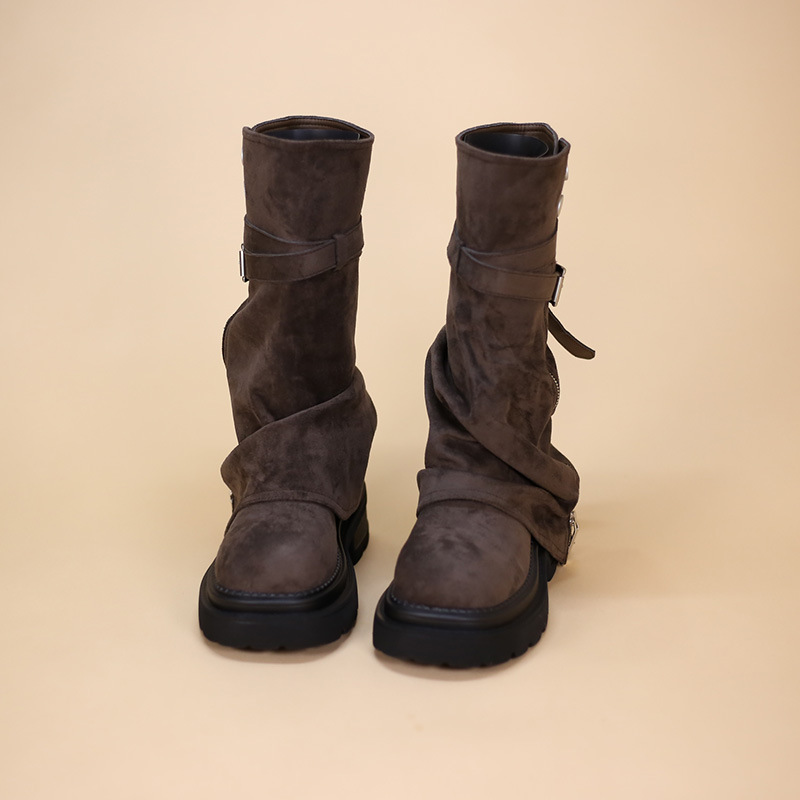 2025秋冬马丁靴女 时尚厚底皮带扣侧拉链厚底长筒靴